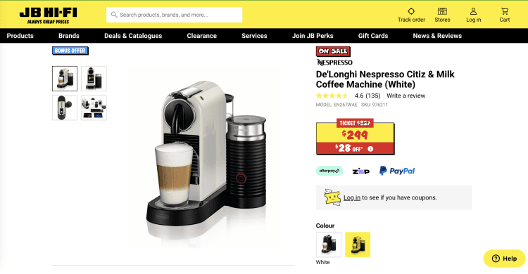 JB Hi-Fi: De’Longhi Nespresso Citiz & Milk Coffee Machine (White) – was $327, now $299